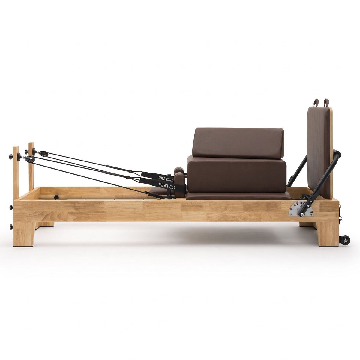 Pilates Reformer Studio Classic Mokka, Seitenansicht mit Sitting Box