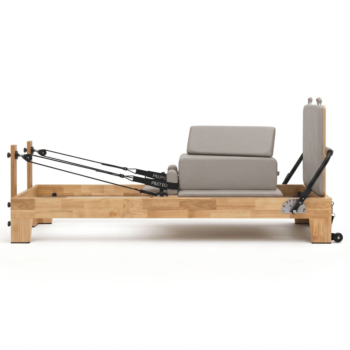 Pilates Reformer Studio Classic Perlgrau, Seitenansicht mit Sitting Box