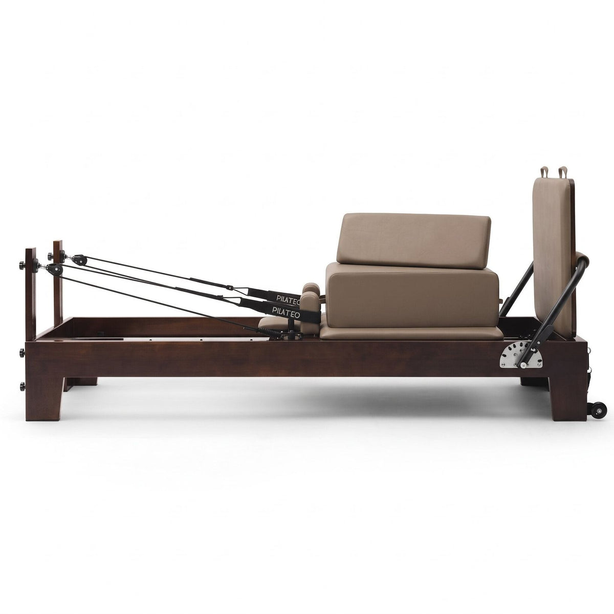Pilates Reformer Studio Prestige Taupe, Seitenansicht mit Sitting Box