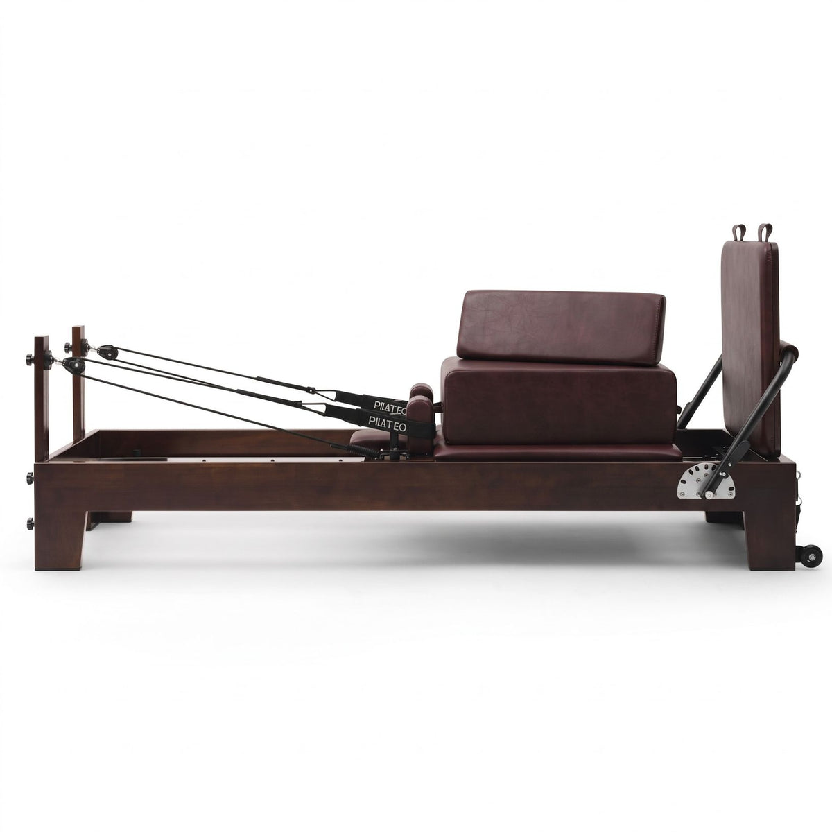 Pilates Reformer Studio Prestige Weinrot, Seitenansicht mit Sitting Box